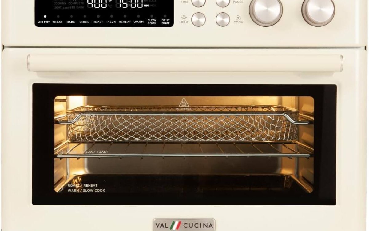 Retro Style Infrared Heating Air Fryer Toaster Oven, Extra Large Countertop Convection Oven 10-in-1 Combo, 6-Slice Toast, Enamel Baking Pan Easy Clean with Recipe Book, Almond Yellow Color