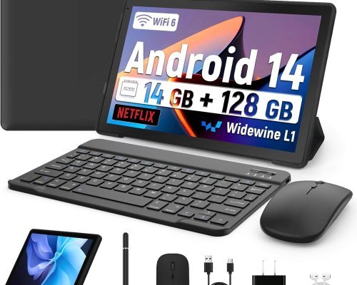 Whitedeer 10 inch Tablet Android 14, 14(4+10) GB+128GB, Octa-Core Tablet, 800 * 1280 HD丨WiFi 6丨BT 5.0丨5000mAh丨5MP+8MP, Widevine L1, Tablet with Keyboard丨Mouse丨Stylus丨Tablet Case丨 Headphone(
