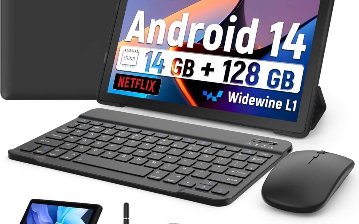 Whitedeer 10 inch Tablet Android 14, 14(4+10) GB+128GB, Octa-Core Tablet, 800 * 1280 HD丨WiFi 6丨BT 5.0丨5000mAh丨5MP+8MP, Widevine L1, Tablet with Keyboard丨Mouse丨Stylus丨Tablet Case丨 Headphone(